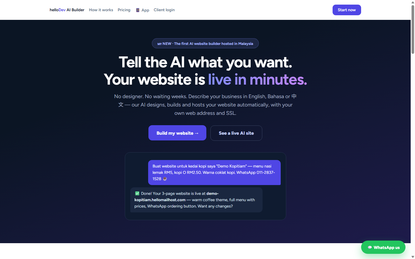 helloDev AI Builder landing page